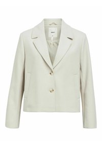 Blazer corto color beige claro con cuello de muesca, dos bolsillos frontales y dos botones. Elaborado con una tela texturizada para un detalle adicional.