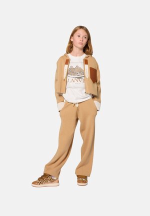 Beige cropped sweater met bruine accenten, wit graphic t-shirt, beige joggingbroek en sneakers met luipaardprint. Glad patroon overal.