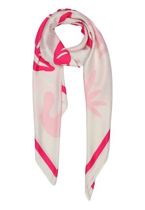 Sciarpa di seta rosa chiaro con motivi astratti floreali rosa vivace e bordi, drappeggiata in un anello morbido.