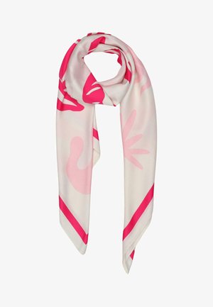 Sciarpa di seta rosa chiaro con motivi astratti floreali rosa vivace e bordi, drappeggiata in un anello morbido.