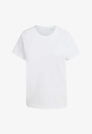 Camiseta blanca lisa de manga corta y cuello redondo, mostrada extendida sobre un fondo blanco.