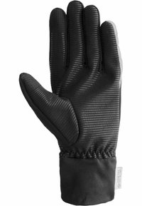 Sorte handske med struktureret greb, en tætsiddende manchet og GORE-TEX® branding; lavet af et vandtæt, strækbart materiale for fleksibilitet.