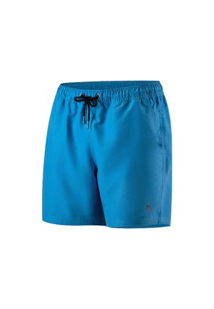 Blauwe zwembroek met een zwarte trekkoord, elastische tailleband, zijzakken en een subtiele logo op het rechterbeen onderaan. Glad, lichtgewicht stof.