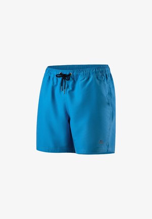 Siniset uimapöksyt, joissa on musta nyöri, joustava vyötärö, sivutaskut ja huomaamaton logo oikeassa alareunassa. Tasainen, kevyt kangas.