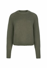 Zielono-oliwkowy sweter z dzianiny z długimi rękawami, ściągaczami przy mankietach, okrągłym dekoltem i ściągaczem u dołu.