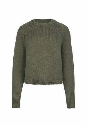 Zielono-oliwkowy sweter z dzianiny z długimi rękawami, ściągaczami przy mankietach, okrągłym dekoltem i ściągaczem u dołu.