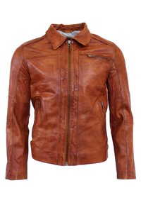 Braune Lederjacke mit Reißverschlussfront, Kragen und zwei seitlichen Taschen sowie einer zusätzlichen Reißverschlusstasche, die eine glatte, strukturierte Oberfläche zeigt.