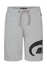 Shorts de sport grises en tissu doux, dotés d'une taille élastique, d'une fermeture à cordon et d'un grand logo noir imprimé sur la jambe gauche.