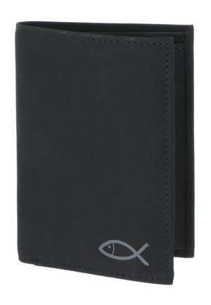 Black bifold wallet with a small gray fish symbol on the bottom right corner, displayed partially open.