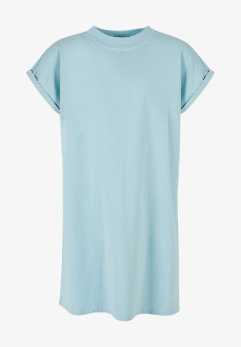 Robe bleu clair à manches courtes avec poignets retroussés et encolure arrondie, présentée sur fond blanc.