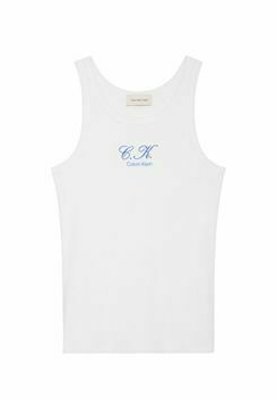 Débardeur blanc sans manches avec logo bleu « C.K Calvin Klein » centré sur la poitrine et petite étiquette en tissu à l'encolure.
