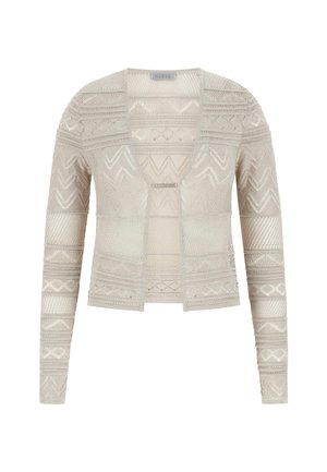 Cardigan lavorato a maglia beige chiaro con intricati motivi geometrici, maniche lunghe, apertura frontale e un sottile dettaglio del logo al centro.