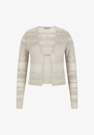 Lichtbeige gebreide cardigan met ingewikkelde geometrische patronen, lange mouwen, open voorkant en een subtiele logo-detail in het midden.