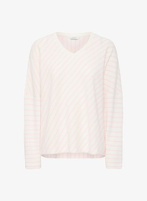 Witte V-hals trui met roze diagonale strepen, lange mouwen en een ontspannen pasvorm. Geweven stof met ribbelaccenten bij de manchetten en de zoom.