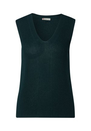 Top senza maniche verde scuro con scollatura a V profonda e texture a coste. Presenta dettagli di cuciture verticali e una silhouette aderente.