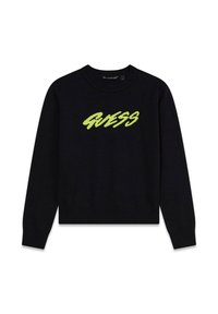 Maglione nero in maglia con polsini e orlo a coste. Presenta un grande logo verde "GUESS" sul petto. Scollo tondo, vestibilità casual.
