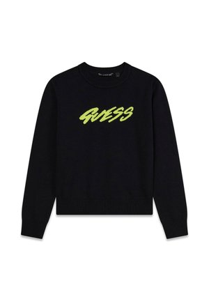 Maglione nero in maglia con polsini e orlo a coste. Presenta un grande logo verde "GUESS" sul petto. Scollo tondo, vestibilità casual.