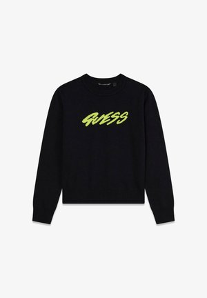 Maglione nero in maglia con polsini e orlo a coste. Presenta un grande logo verde "GUESS" sul petto. Scollo tondo, vestibilità casual.