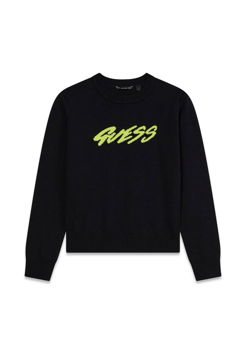 Maglione nero in maglia con polsini e orlo a coste. Presenta un grande logo verde "GUESS" sul petto. Scollo tondo, vestibilità casual.
