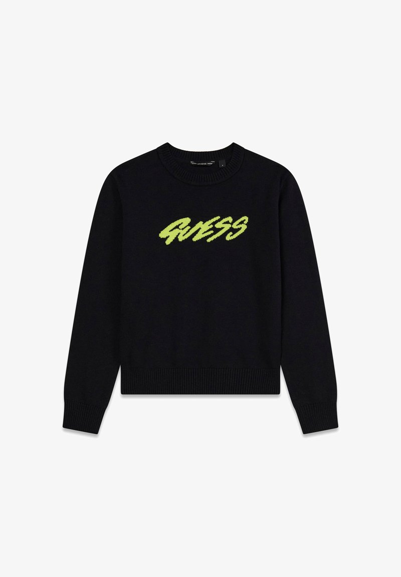 Maglione nero in maglia con polsini e orlo a coste. Presenta un grande logo verde "GUESS" sul petto. Scollo tondo, vestibilità casual.