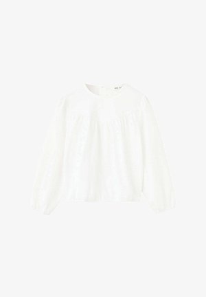 Blouse blanche à manches longues avec empiècement froncé et encolure ronde, poignets élastiques et détail de fermeture à boutons dans le dos.