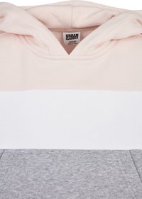 Lys rosa, hvit og grå fargeblokket hettegenser med en myk tekstur, med snorhette og "Urban Classics"-merke.