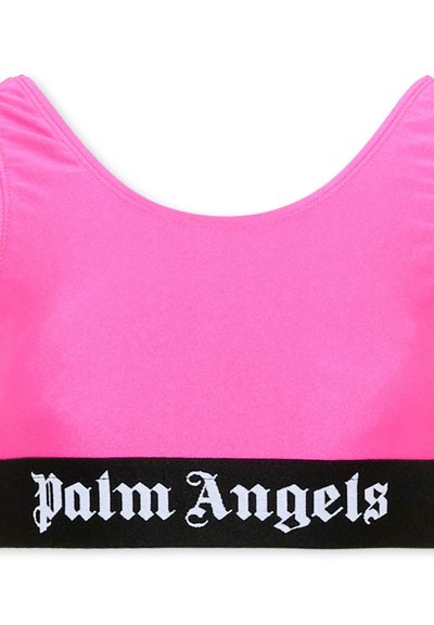 Brassière de sport rose vif avec bande noire en bas, texte blanc "Palm Angels" en police gothique.