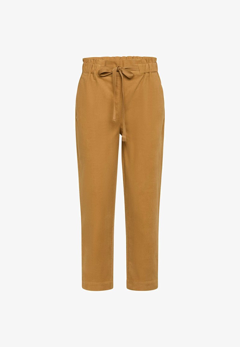 Hlače iz bombažnega mešanega materiala v topli tan barvi z vrvico za prilagoditev v pasu, krajša dolžina in stranske žepke. Gladka tekstura z minimalnim detajliranjem.