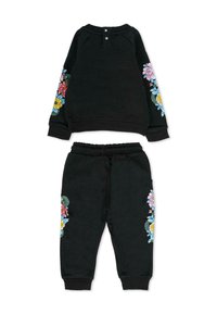 Schwarzes Sweatshirt- und Hosen-Set mit floraler Stickerei an den Ärmeln und Hosenbeinen. Weicher Stoff, gerippte Bündchen und elastischer Bund.