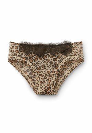 Damskie majtki w panterkę z czarną koronką przy pasie, pokazane na płasko na białym tle.