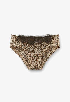 Damskie majtki w panterkę z czarną koronką przy pasie, pokazane na płasko na białym tle.