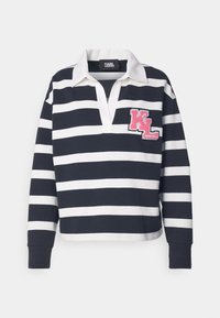 Sudadera a rayas en azul marino y blanco con cuello blanco, escote en forma de corte y un logo bordado en rosa "KL" en el pecho.
