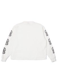 Long-sleeve white shirt featuring black butterfly outlines printed on both sleeves, with a relaxed fit and ribbed cuffs.