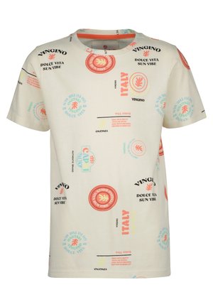 Kurzärmeliges T-Shirt in Cremefarbe mit mehrfarbigen Kreis- und Textdrucken, darunter "Italy", "Vingino" und "Dolce Vita Sun Vibe".