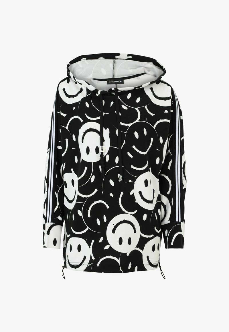 Schwarzer Hoodie mit weißem Smiley-Gesicht-Muster, aus Baumwollmaterial, mit Kordelzugkapuze, seitlichen Streifen und verstellbarem Saum mit Zugbändern.