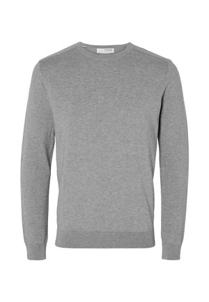Gray sweater made of soft knit material, featuring a crew neckline, long sleeves, and ribbed cuffs and hem for a fitted look.