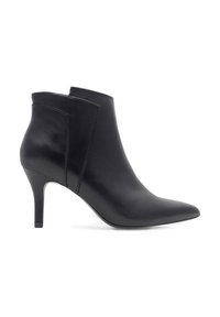 Bota de cuero negro para el tobillo con puntera puntiaguda, tacón de 3 pulgadas y un diseño elegante y minimalista con paneles laterales sutiles.