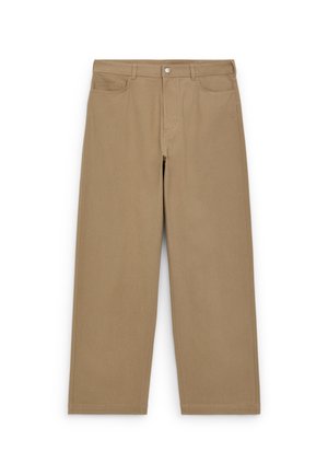 Tan wide-leg pants made of cotton, featuring a front button closure, two front pockets, and a clean, textured finish.