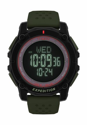 Orologio digitale con cassa nera e cinturino in gomma verde. Presenta un ampio display LCD che mostra l'ora e la data. Include una funzione solare e bottoni.
