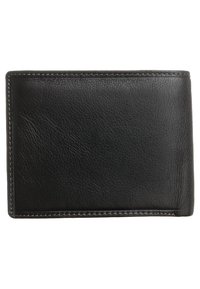 Zwart leren bifold portemonnee met zichtbare stiksels langs de randen op een plain witte achtergrond.