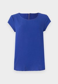 Blue short-sleeve top made from smooth fabric, featuring a round neckline and a concealed back zipper. Simple, clean design with no patterns.