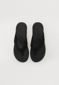 Black flip-flops featuring a textured footbed, flat sole, and thong strap, made from synthetic materials with a simple design.