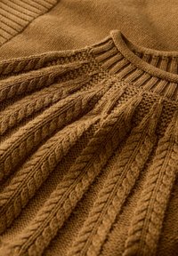 Pull en maille couleur moutarde foncé avec des motifs torsadés texturés, un col rond côtelé et des designs de points variés. Tissu doux et chaud.