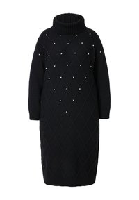 Schwarzes gestricktes Kleid mit hohem, geripptem Rollkragen, das ein Diamantmuster und kleine dekorative Perlen aufweist. Lange Ärmel und gerippte Manschetten.