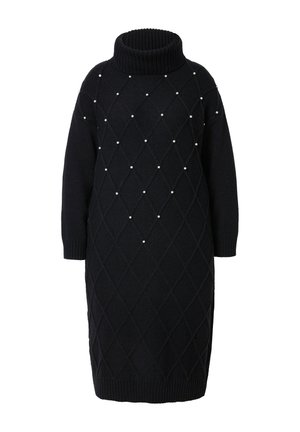 Schwarzes gestricktes Kleid mit hohem, geripptem Rollkragen, das ein Diamantmuster und kleine dekorative Perlen aufweist. Lange Ärmel und gerippte Manschetten.