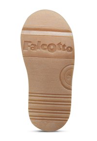 Podeszwa buta Falcotto, beżowa gumowa z pionowymi i poziomymi rowkami zapewniającymi przyczepność, wytłoczone logo oraz okrągły akcent w pobliżu pięty.