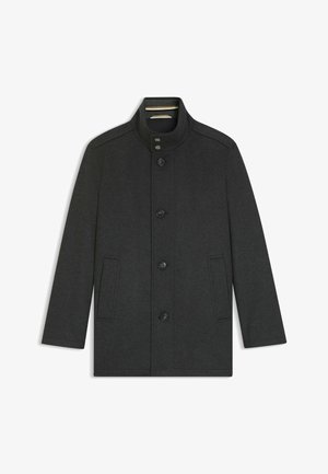 Dark gray men's mid-length coat with stand collar, four black buttons down front, and two vertical side pockets.