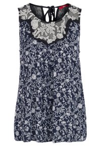 Granatowa bezrękawnik z białym kwiatowym haftem, przezroczym czarnym koronkowym dekoltem i wiązaniem na plecach. Lekki materiał.