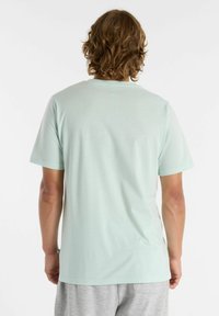 Camiseta de manga corta en verde menta, hecha de una tela suave y con cuello redondo. Textura lisa y ajuste relajado, combinada con pantalones cortos grises.