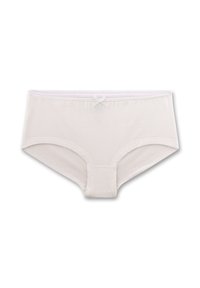 Witte katoenen slip met een gladde textuur, elastische tailleband en een delicate strikdetail aan de voorzijde. Klassiek, volledig dekkend ontwerp.